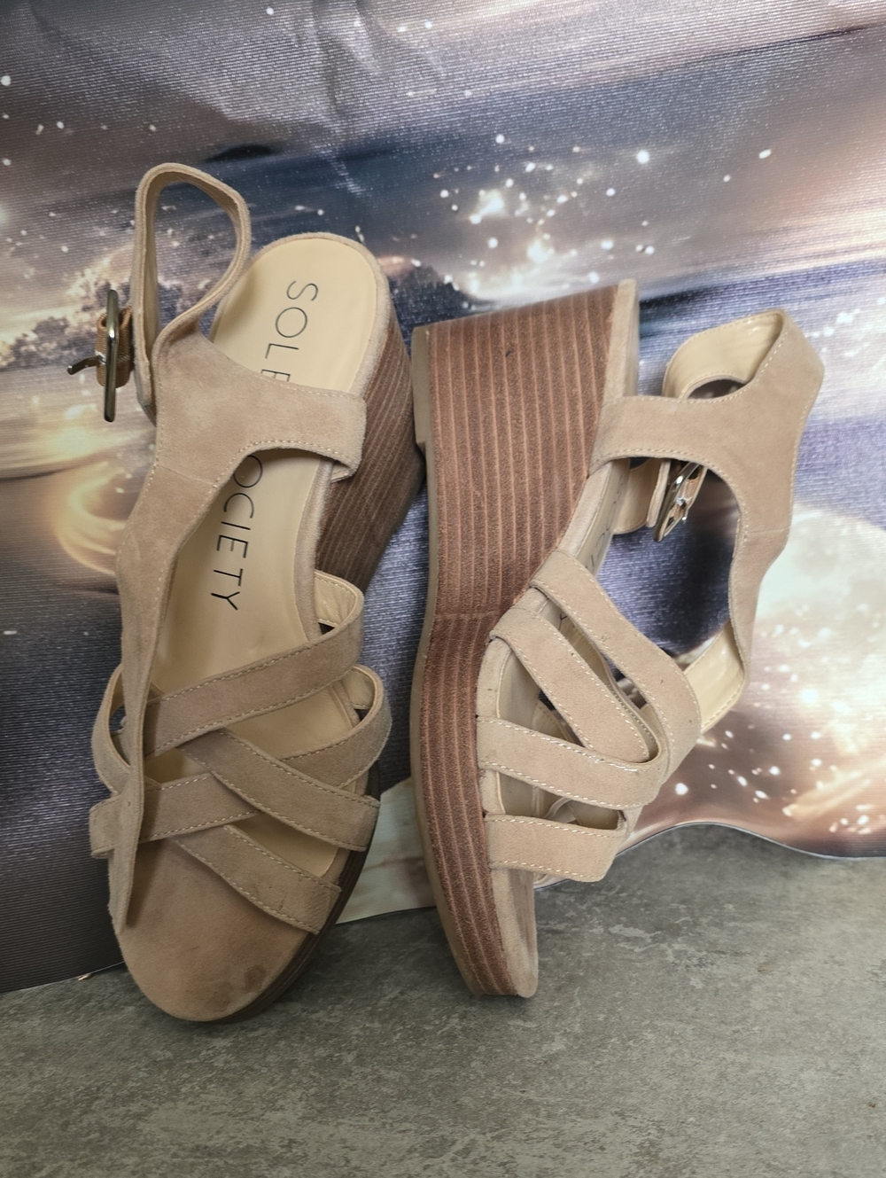 Sole Society Taupe Suede Strappy Wedge Sandals